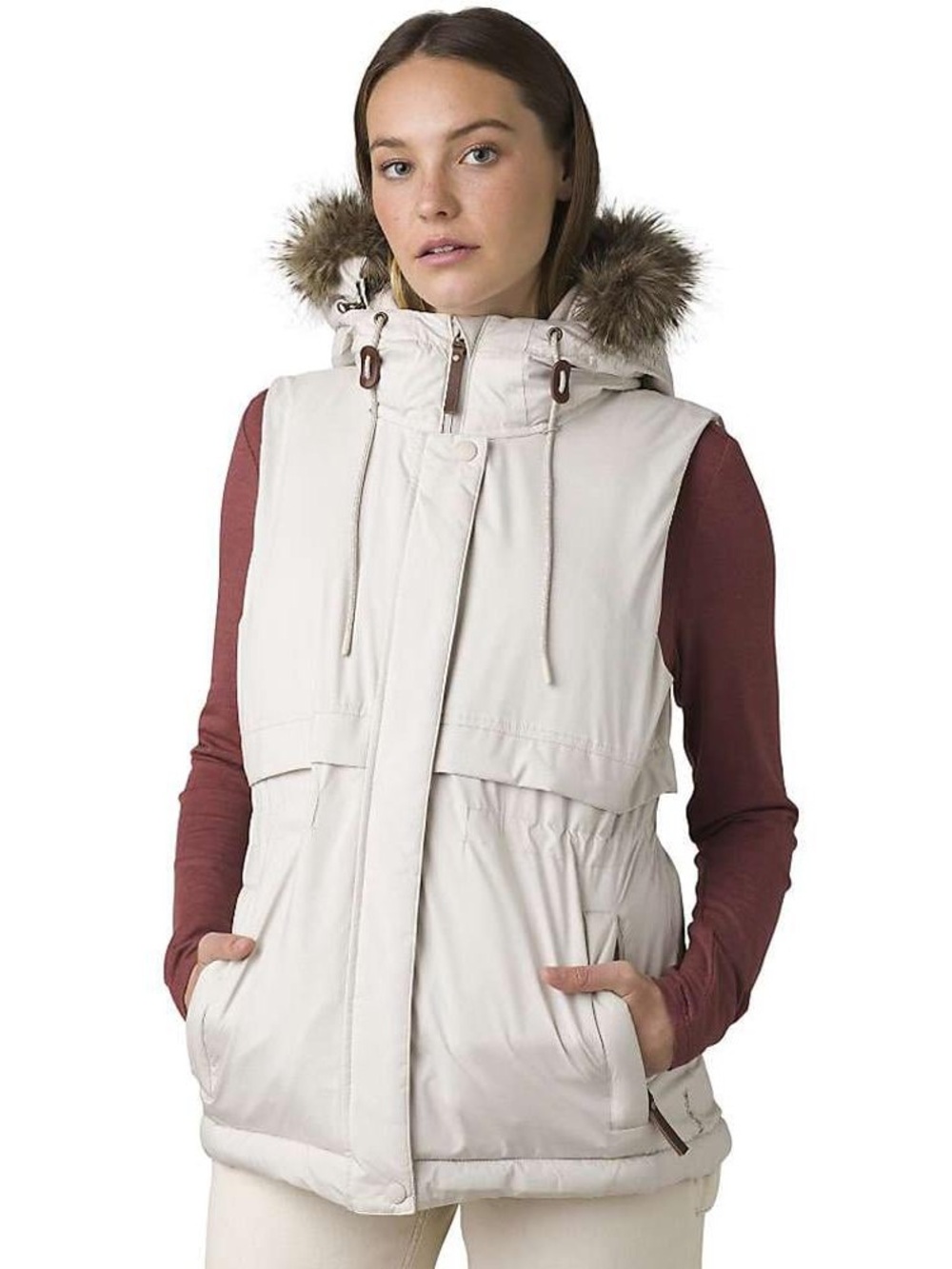 PrAna Women's Banajaara Hooded Vest Pebble Gray Heather Faux Fur Size Small NWT